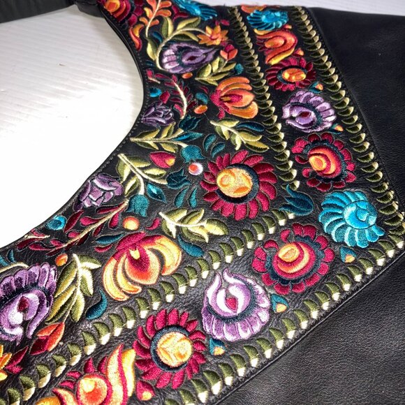 ISABELLA FIORE Embroidered Black Genuine  Leather Rachel Hobo Bag 15"w - Picture 2 of 15